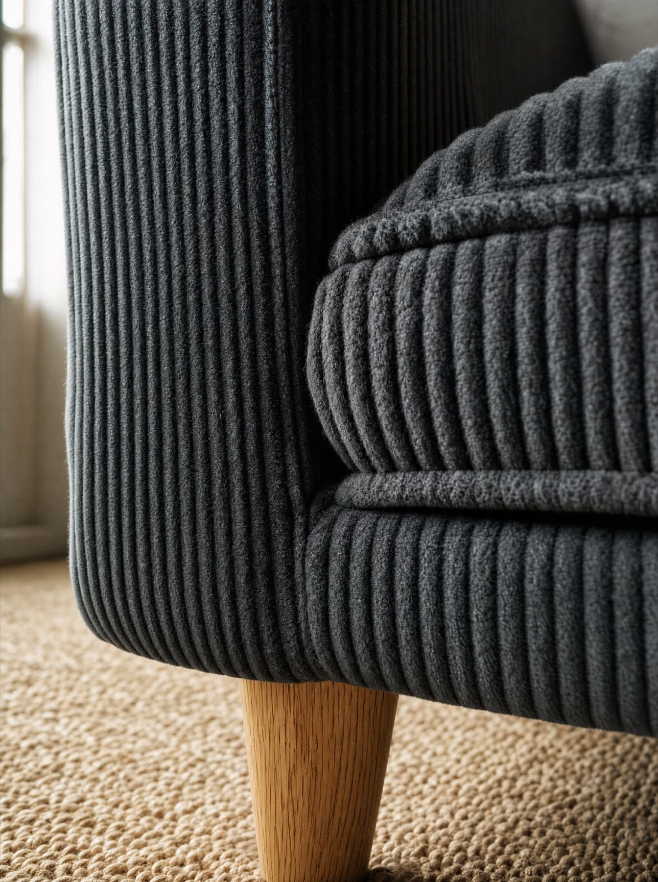 Détail du canapé Ostende : la couture passepoilée entre l’accotoir et le coussin d’assise, la grosse côte du velours et un pied de chêne