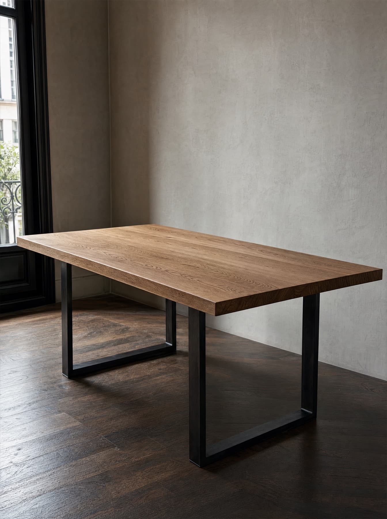 Table Garonne, plateau de chêne massif huilé sur piètement tréteau en acier noirci, vue de trois quarts dans un intérieur