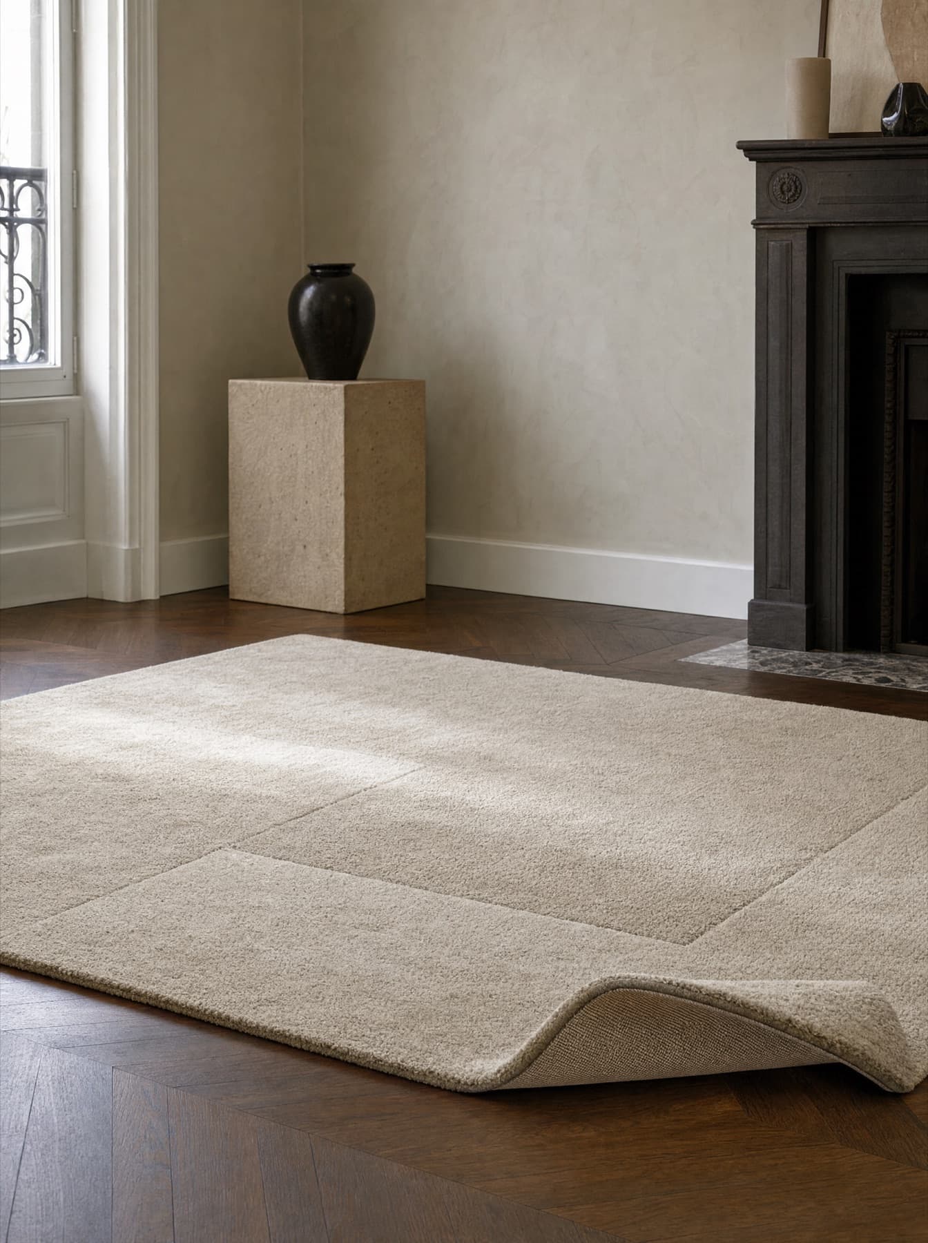 Tapis Morvan en laine tuftée main déroulé sur un parquet de chêne sombre, blocs de sable et de gris chaud, un coin relevé